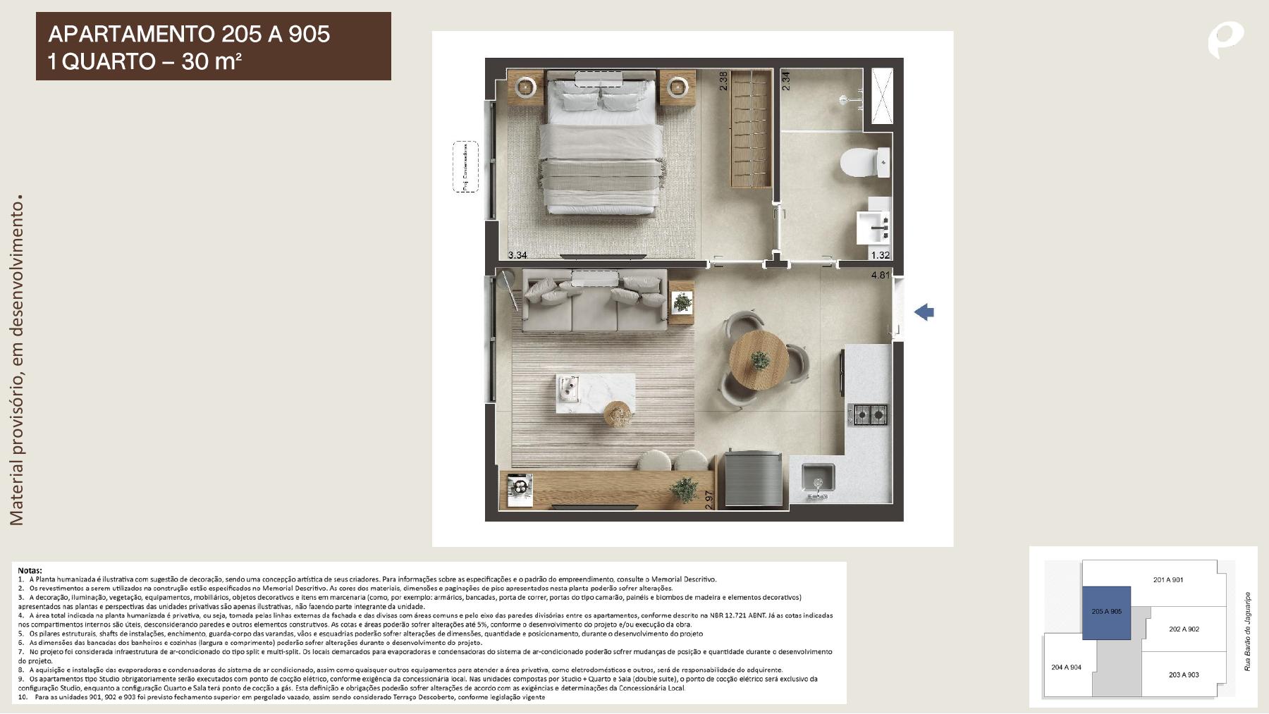Planta do apartamento de 1 quarto com 30 m²