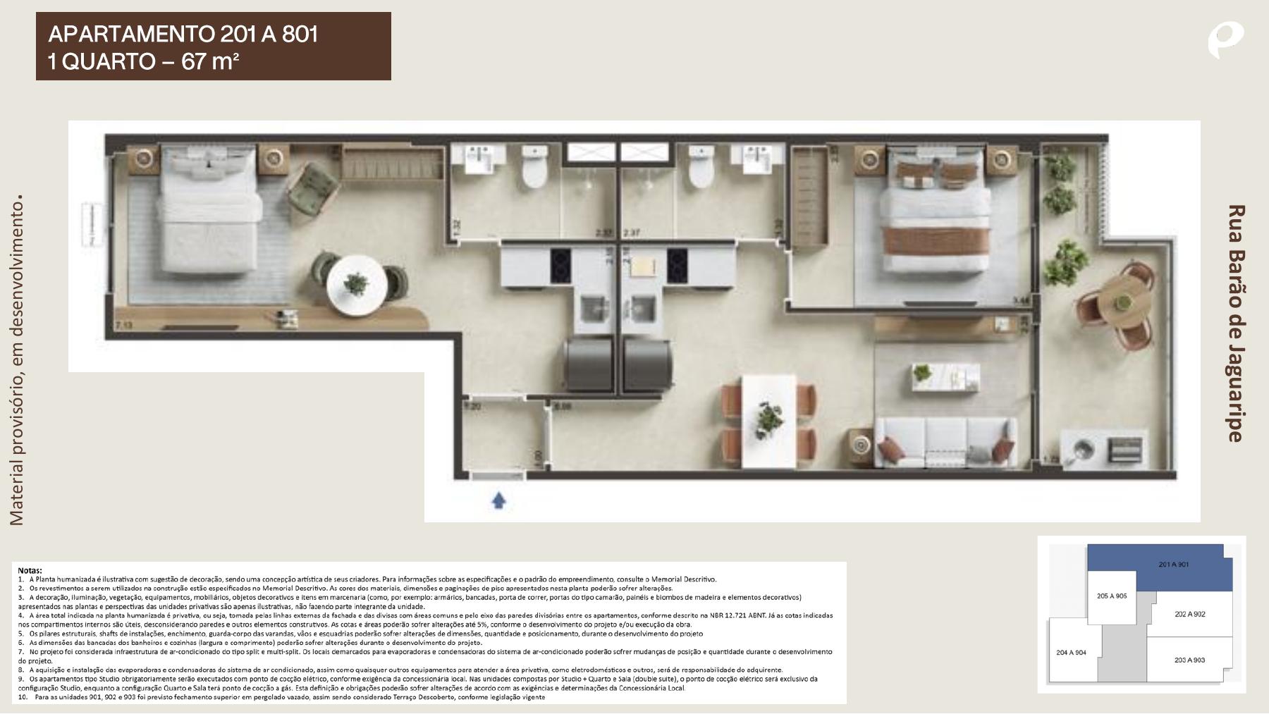Planta do apartamento de 1 quarto com 67 m²